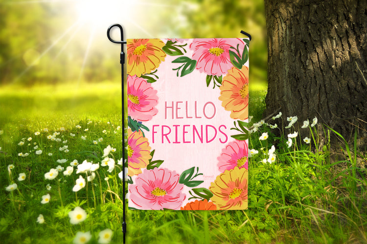 Garden Flag - Hello Friends Pink Flowers