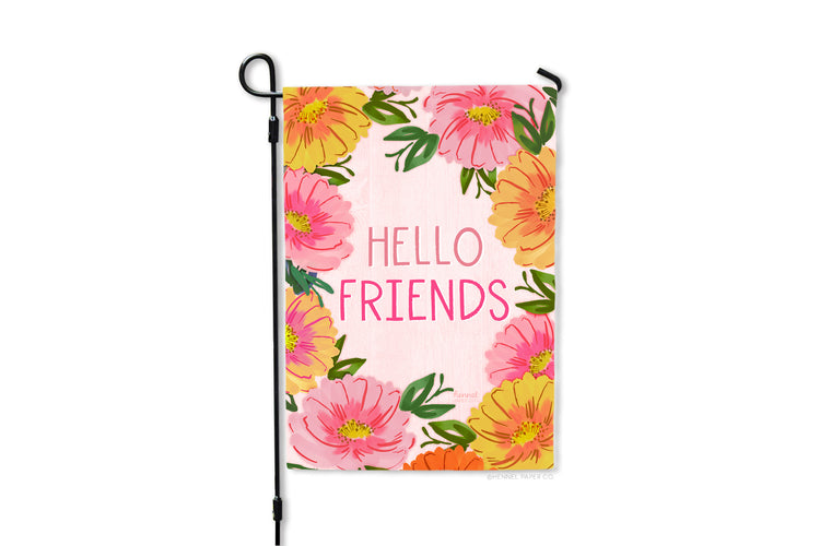 Garden Flag - Hello Friends Pink Flowers