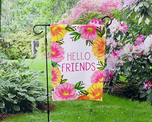 Garden Flag - Hello Friends Pink Flowers