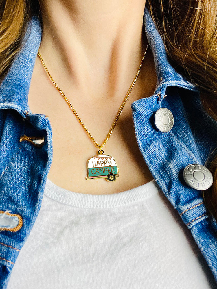 Happy Camper brass and enamel necklace camping gift ideas
